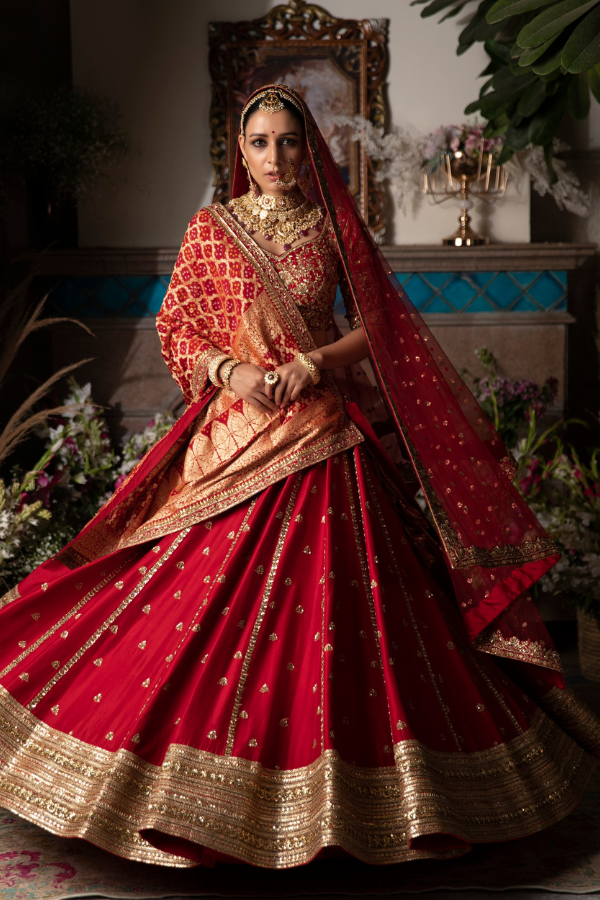 MEGHA \u0026 JIGAR Cherry Red Embroidered Lehenga Set – Kuro Clothing India
