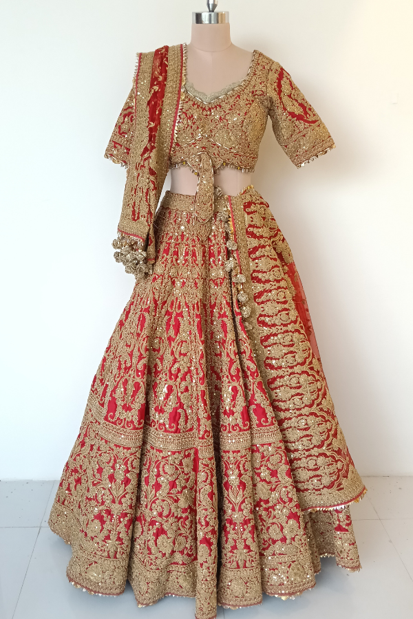 strapless open back dress Traditional Red Lehenga Gown Pakistani Wedding Dresses – Nameera by Farooq main image 0