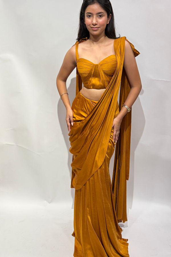 Mustard Yellow Corset With Pleated Drape Saree1