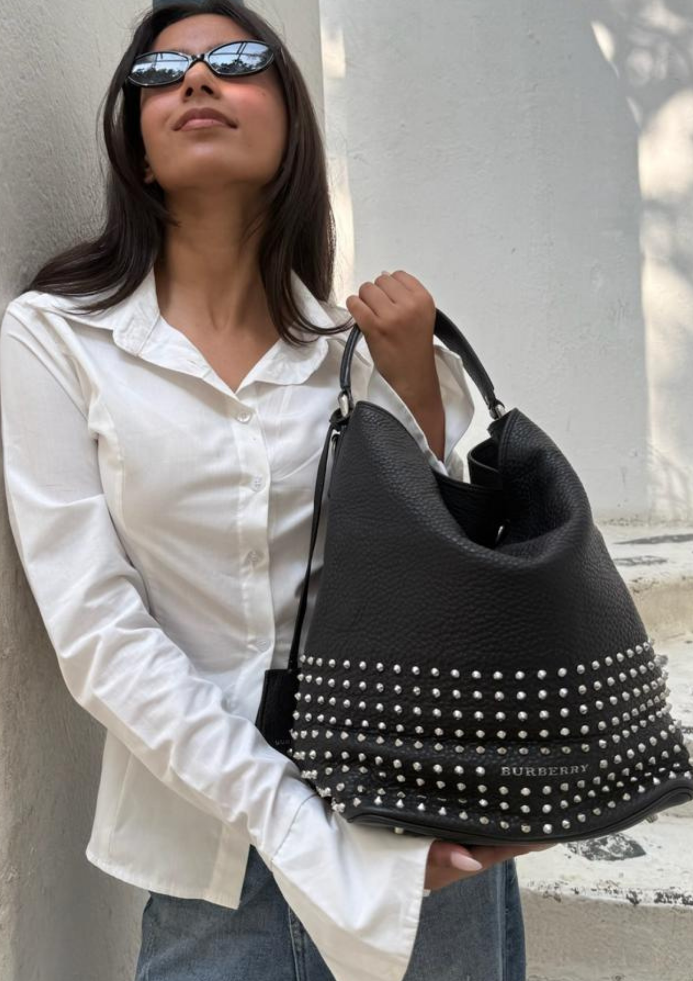 Burberry Black Leather Studded Susanna Bucket Bag