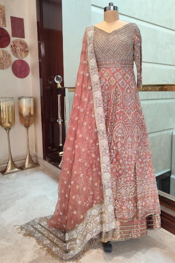 slim fit dress slacks Manish Malhotra Pink Heavy Embroidered Anarkali Set – Kuro