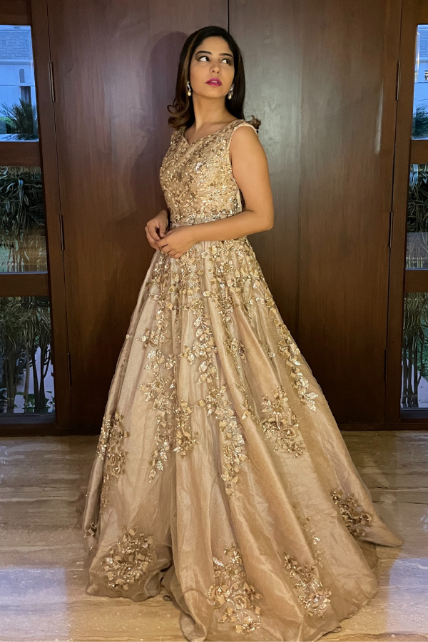 Embroidered dusty pink gown