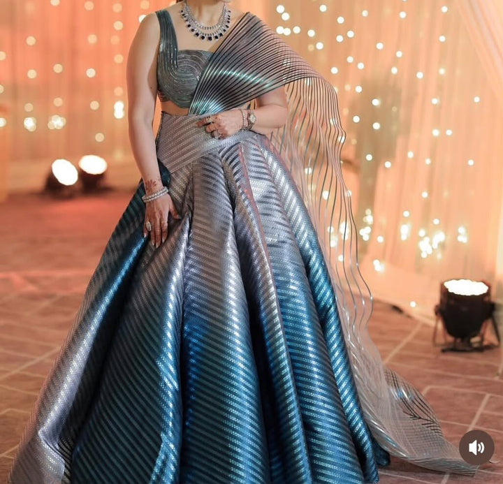 Amit Aggarwal Metallic Silver-Blue Lehenga Set