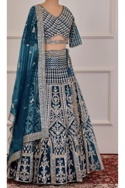 Mid night blue lehenga with silver rose motif embroidery KALKI Fashion India