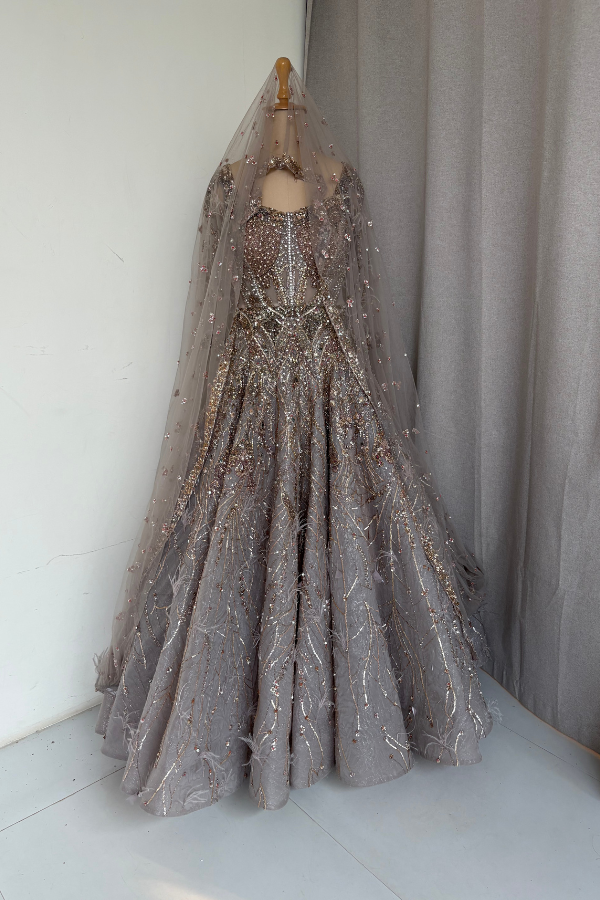 Embellished Grey Feather Gown