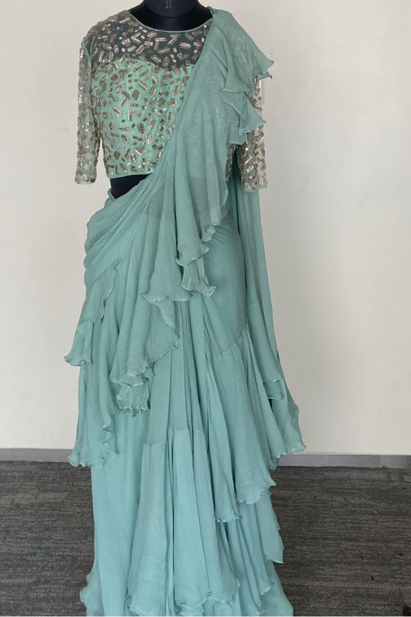 Teal green Ruffle Saree set