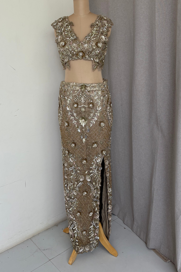 Metallic Silver Slit Skirt set