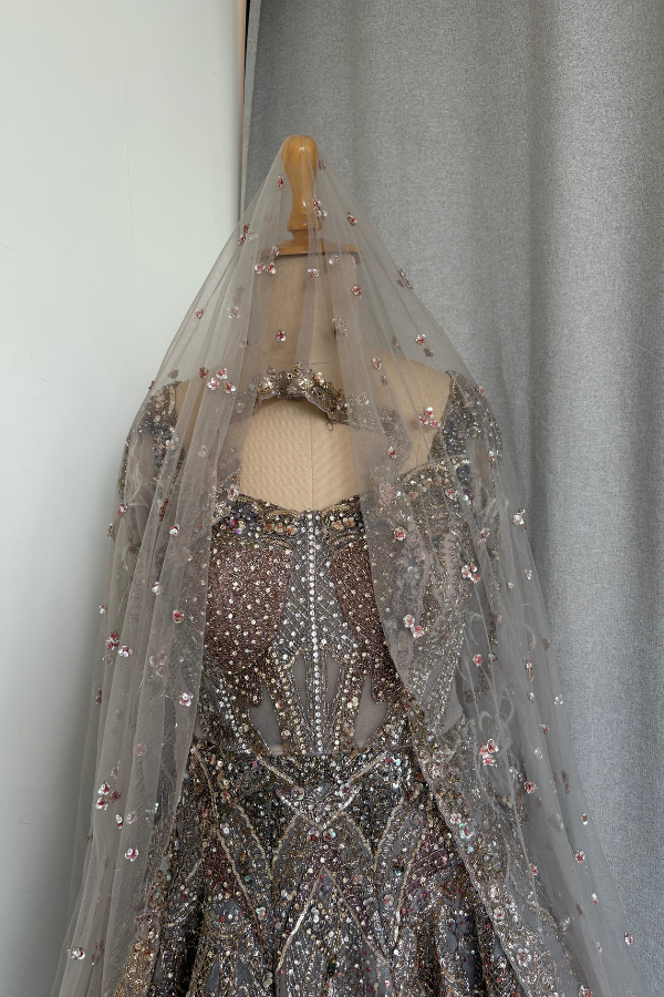 Embellished Grey Feather Gown
