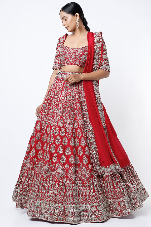 Cadmium Red Embroidered Lehenga Set