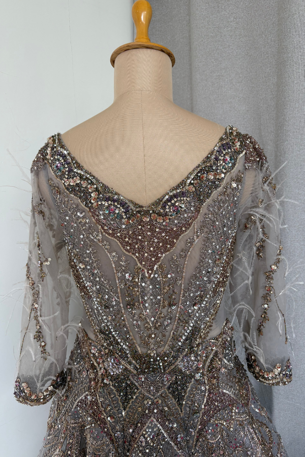 Embellished Grey Feather Gown