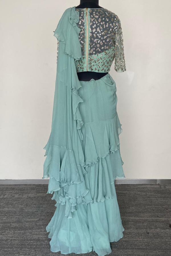 Teal green Ruffle Saree set