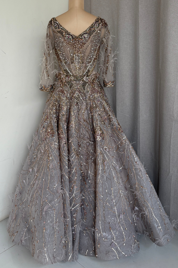 Embellished Grey Feather Gown