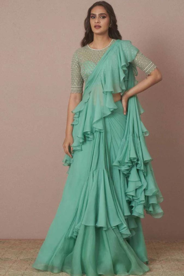 Teal green Ruffle Saree set