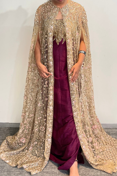 Gown with beige embellished cape Kuro Clothing India