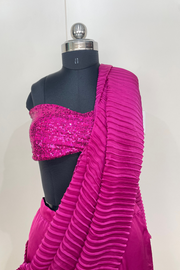 Hot pink pleated lehenga saree