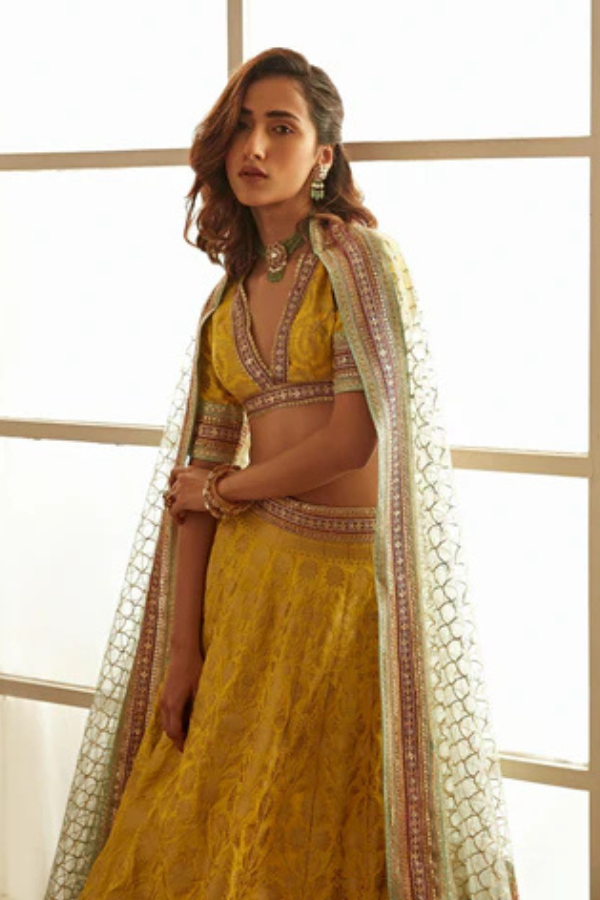 Yellow Banarasi silk lehenga set