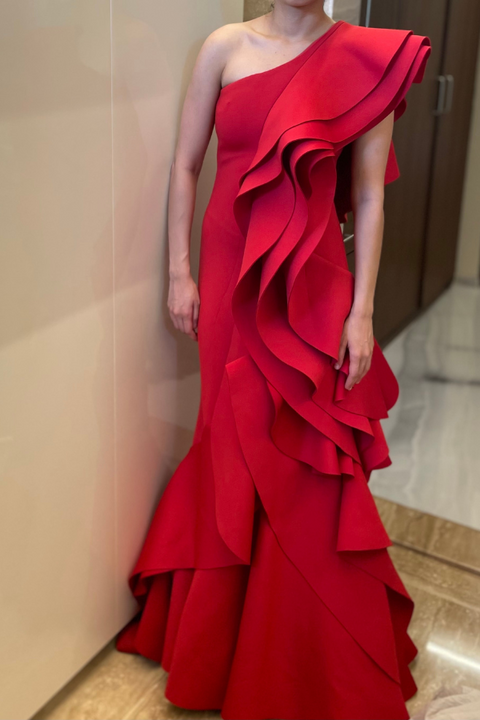Red Ruffled gown – Kuro Clothing India
