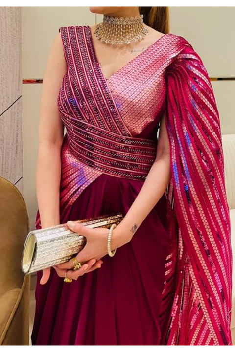 METALLIC PINK WINGED SAREE GOWN Kuro Clothing India