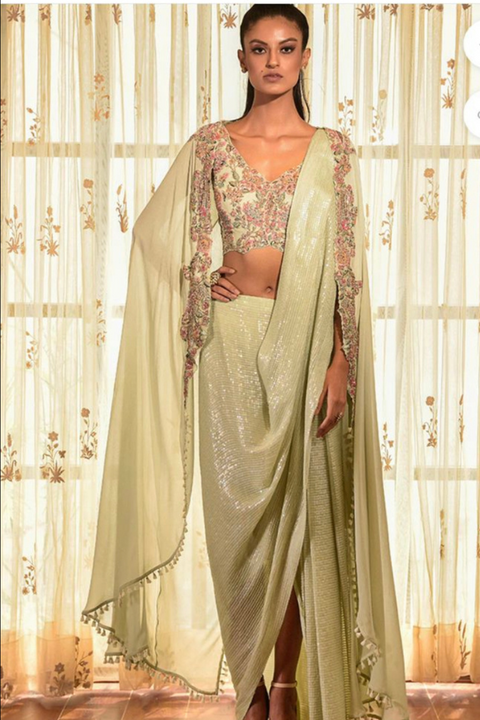Sequinned drape saree with cape – Kuro Clothing India
