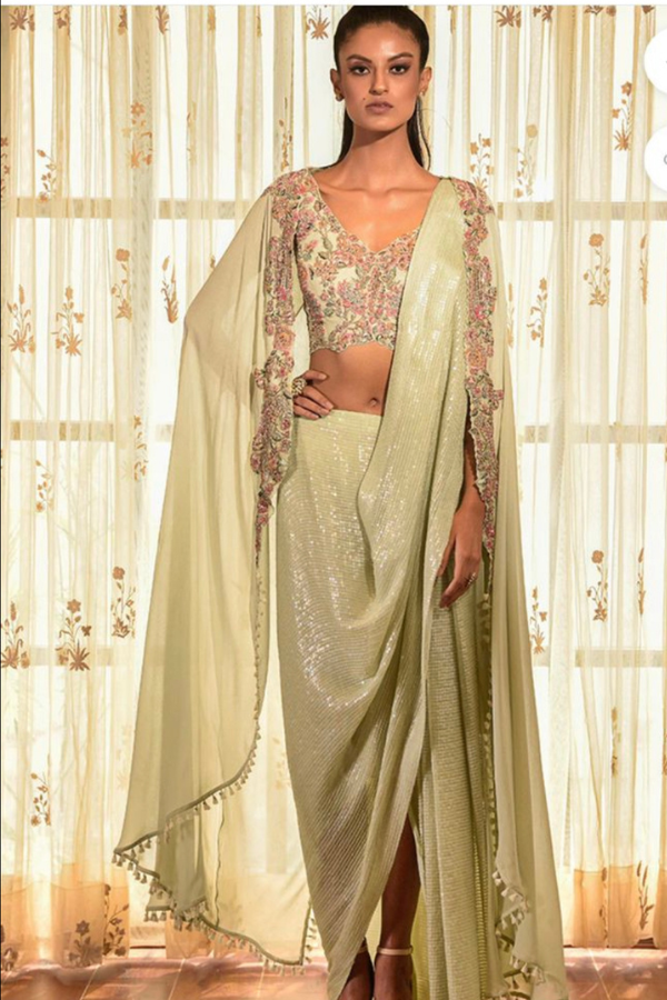 Sequinned drape saree with cape