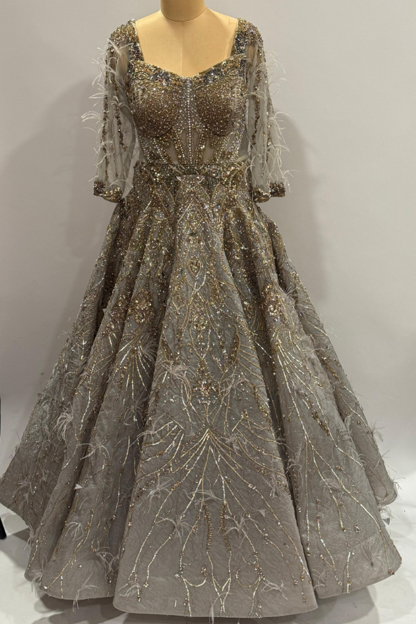 Embellished Grey Feather Gown