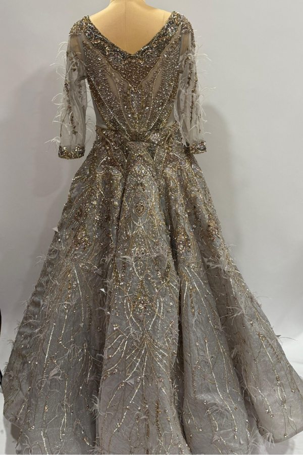 Embellished Grey Feather Gown