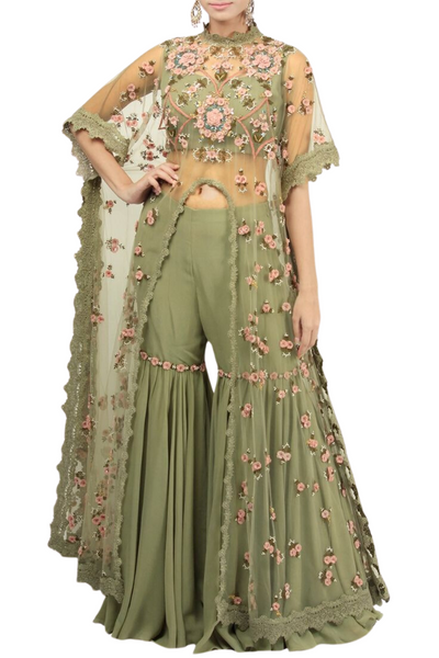 Abhishek Vermaa Green Embroidered Cape with Sharara