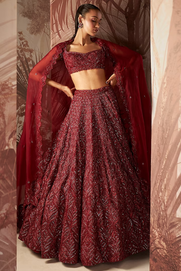 Sana Barreja Marsala Red Net Hand Embroidered Lehenga Set