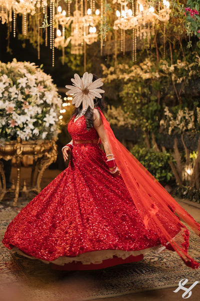 red sequin lehenga