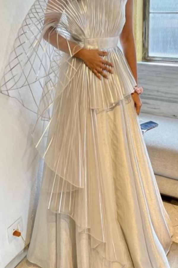 AMIT AGGARWAL Silver Striped Gown With Belt