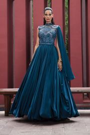 Shantnu Nikhil Blue Satin Embroidered Gown