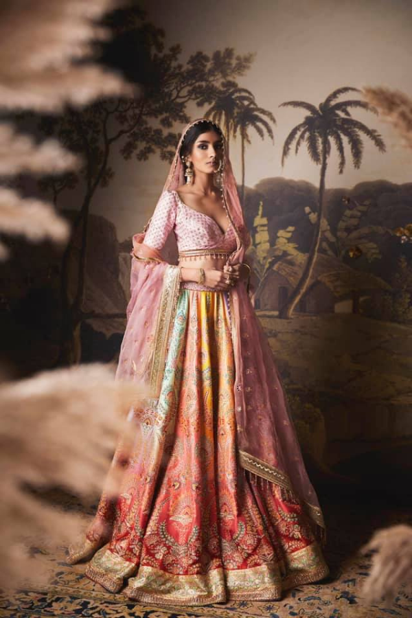 pink and colourful lehenga set