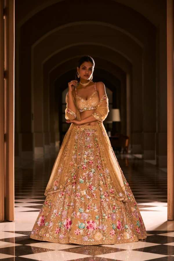 SEEMA GUJRAL Gold Dupatta Floral Embroidered Lehenga Set