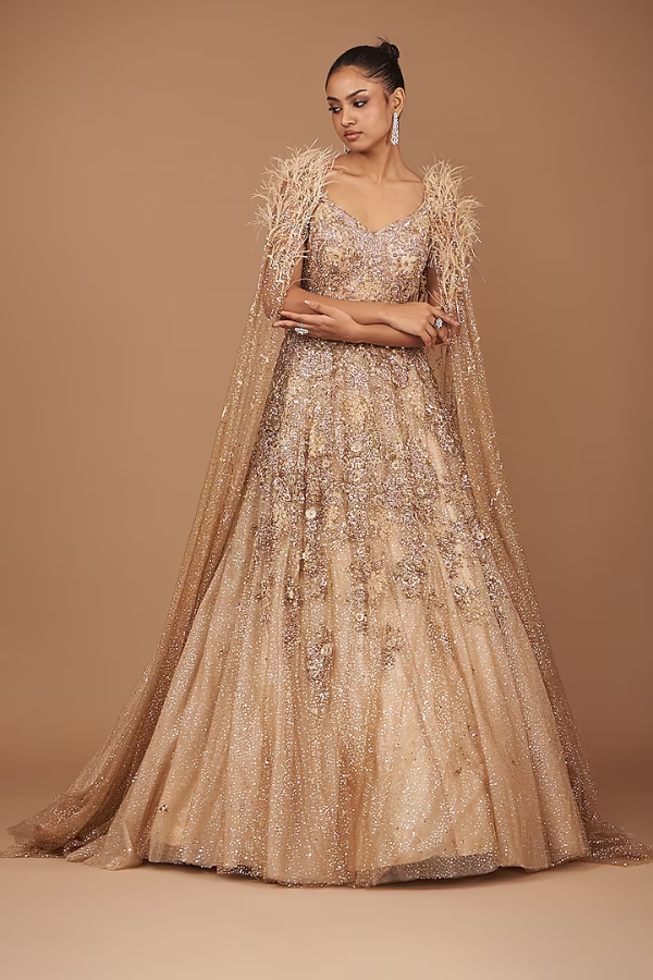 DOLLY J Beige Shimmer Embroidered Gown
