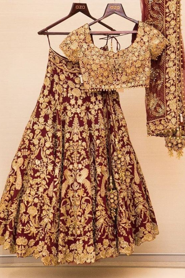 Rimple & Harpreet maroon embroidered lehenga