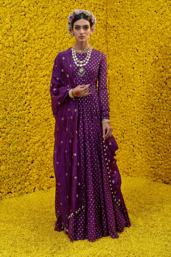 Mahima Mahajan purple banarsi Chanderi anarkali