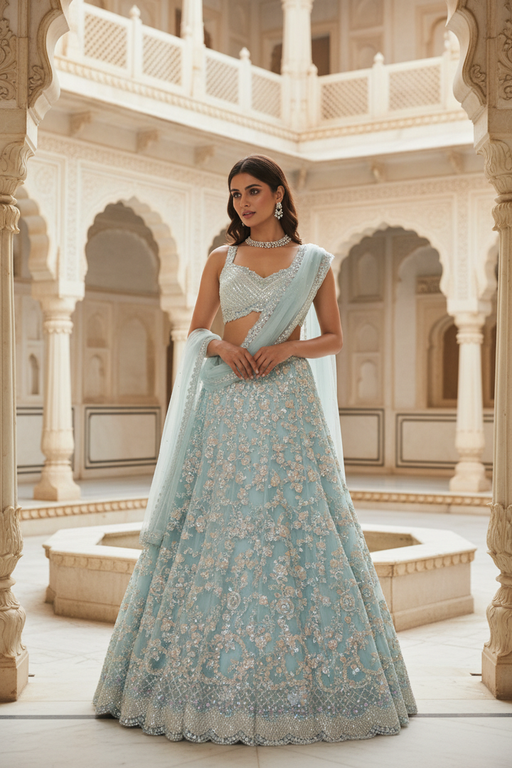 Blue Floral Embellished Lehenga Set
