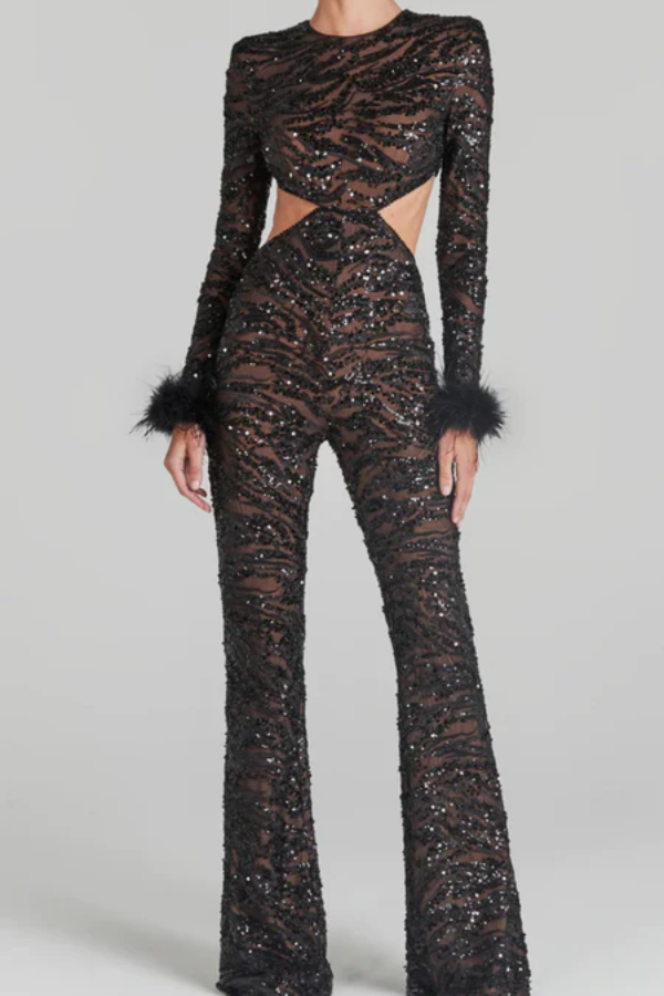 Nadine Merabi BLACK BACKLESS SEQUINED FEATHER JUMPSUIT