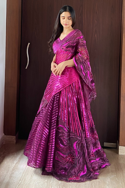 Amit Aggarwal Pink striped lehenga