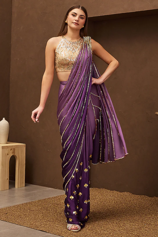 PAPA DONT PREACH Purple Pre-Stitched Embroidered Saree