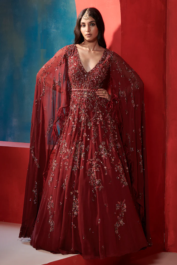 Dolly J mulberry embellished gown with cape Kuro Clothing India