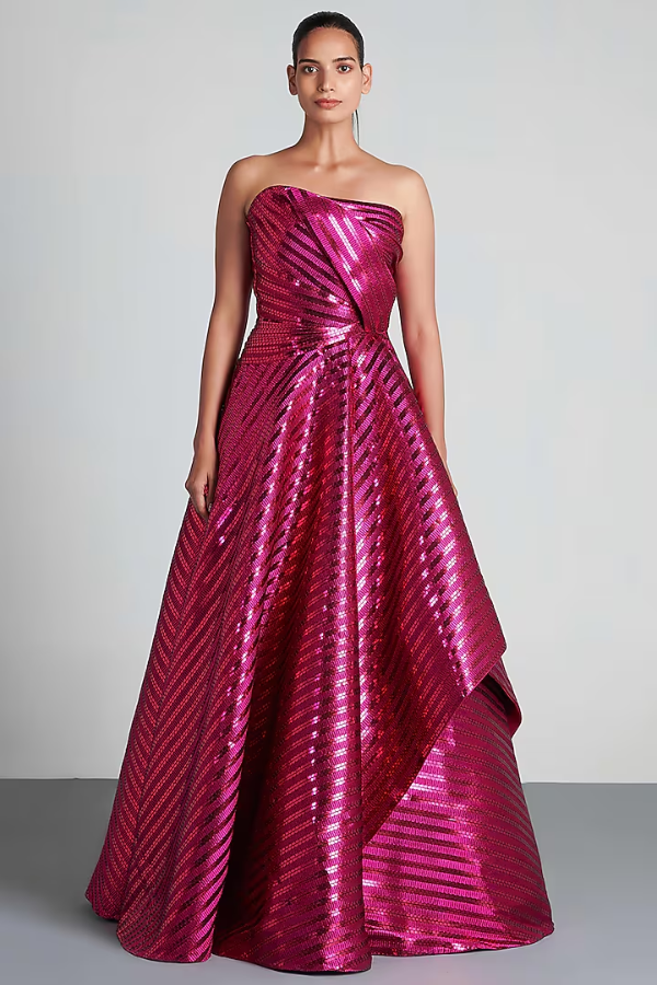 Amit Aggarwal Fuchsia Hand Woven Metallic Textile Draped Gown