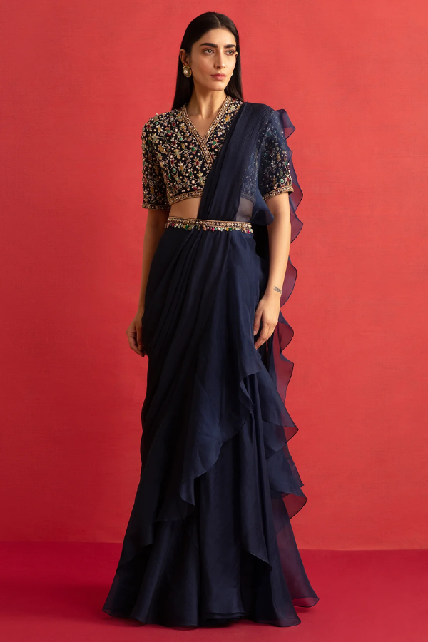 Blue ruffle pre stitched saree – Kuro