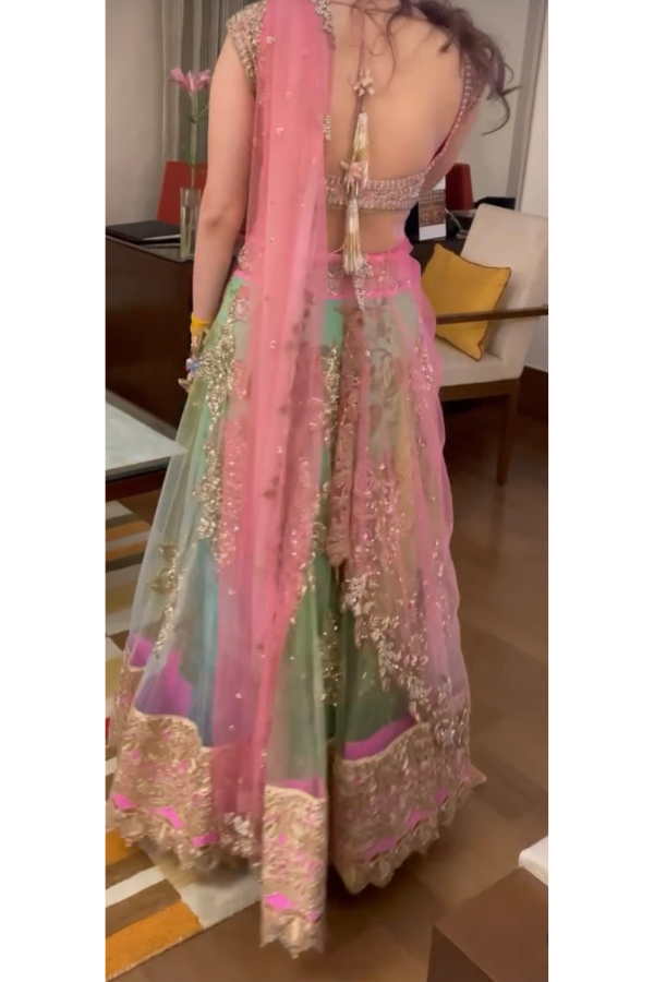 Anushree reddy green & pink embroidered lehenga