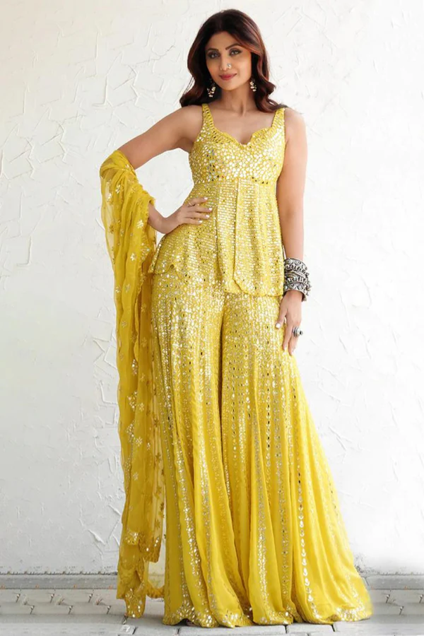 Seema Gujral Yellow Sharara Set With Mirror Work