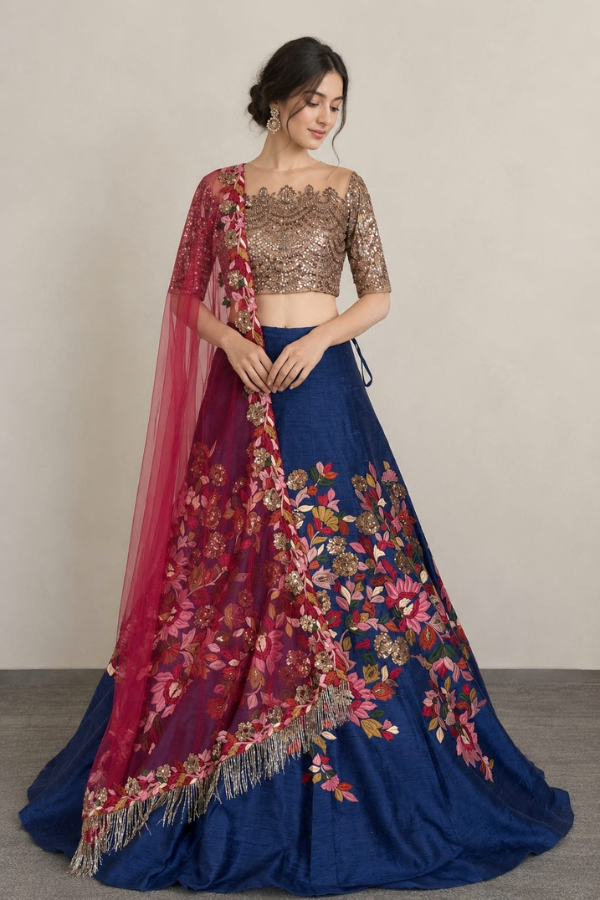 midnight blue floral lehenga set