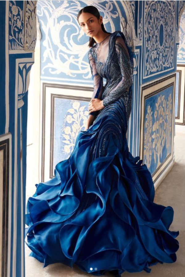 Gaurav gupta blue sculpted gown