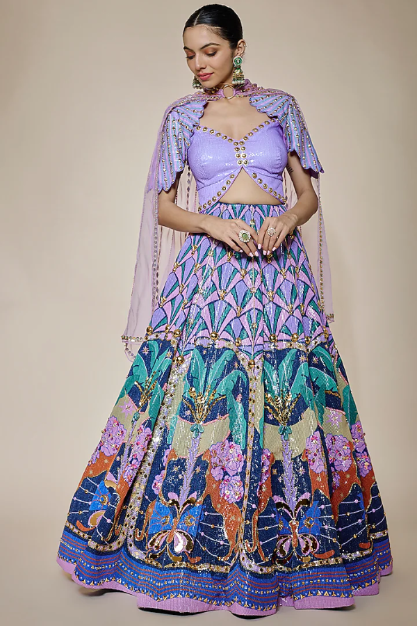 PAPA DONT PREACH Dark Blue & Lilac Sequins Printed Lehenga Set