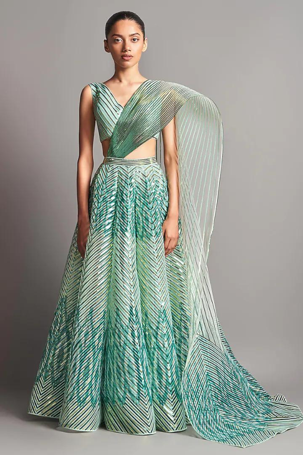 AMIT AGGARWAl Structured Blouse With Lehenga & Drape