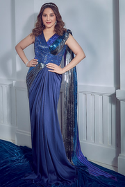 Amit Aggarwal Blue & Black Pre-Draped Saree Set